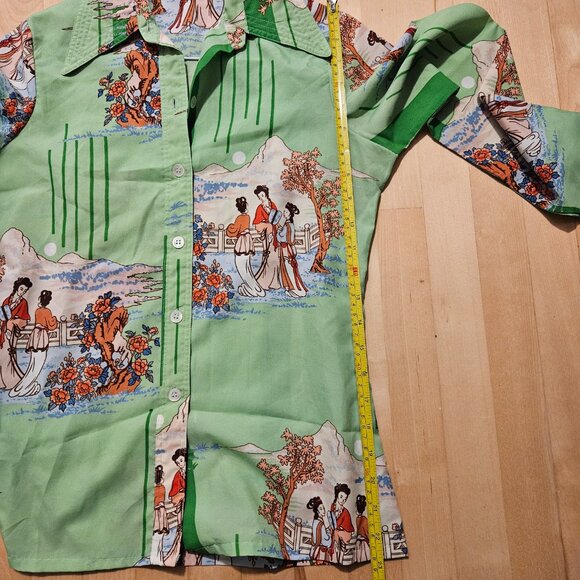 Vintage Light Green button-up blouse chemise Chinese print - Picture 7 of 9